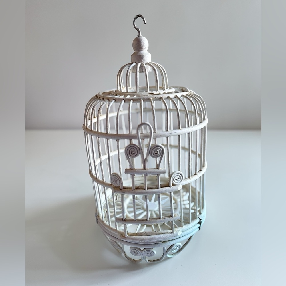 White Rattan Birdcage Plant Holder Cottage Shabby Chic Hanging Decor